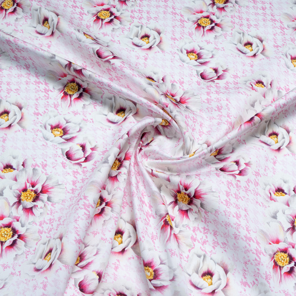 White & Pink Floral Printed Dogtooth Cotton