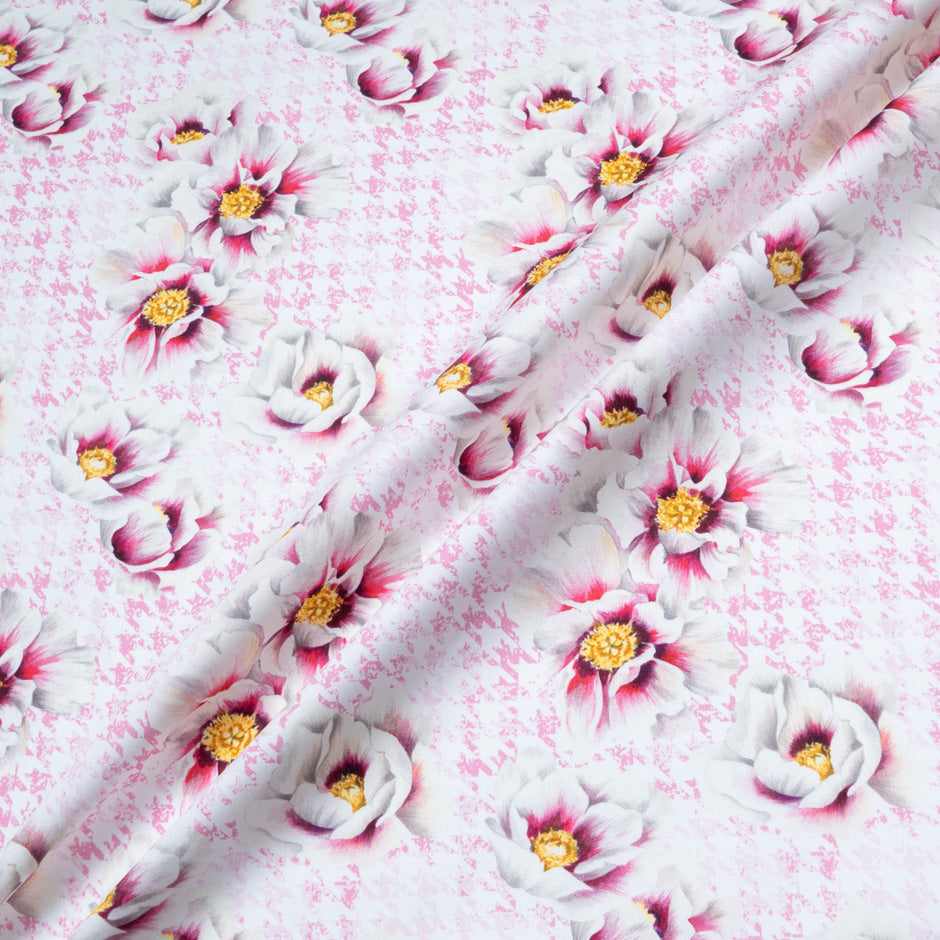 White & Pink Floral Printed Dogtooth Cotton