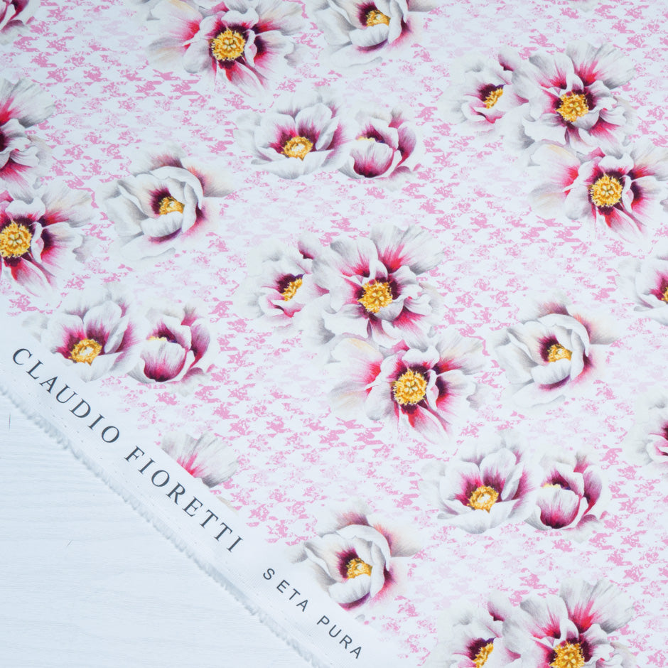 White & Pink Floral Printed Dogtooth Cotton