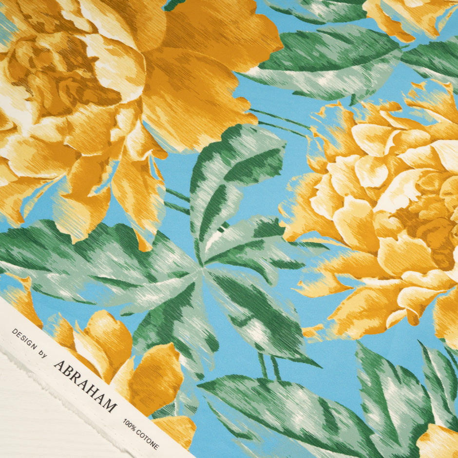 Yellow Floral Printed Blue Luxury Cotton