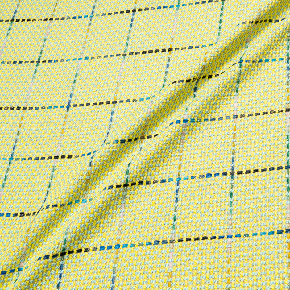 Sky Blue & Yellow Checkered Mixed Fibre Bouclé