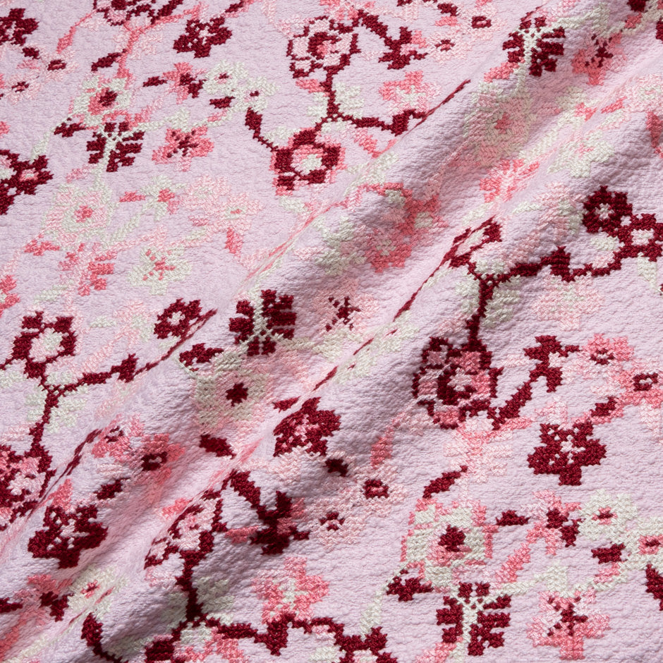 Floral Embroidered Pink Cotton Bouclé