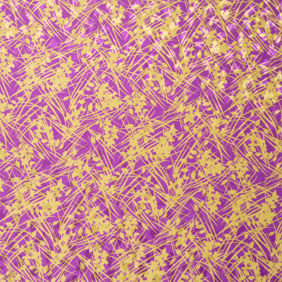 Yellow Leaf Printed Magenta Silk Jacquard