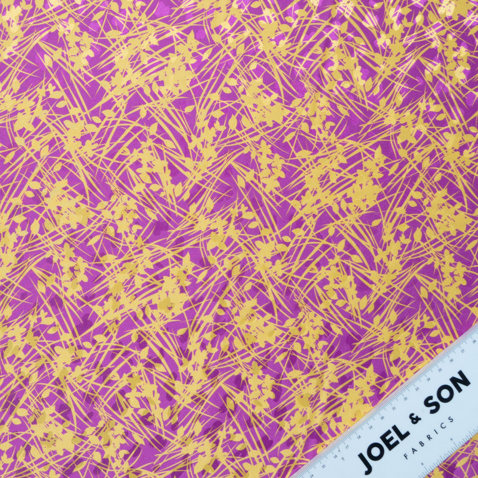 Yellow Leaf Printed Magenta Silk Jacquard