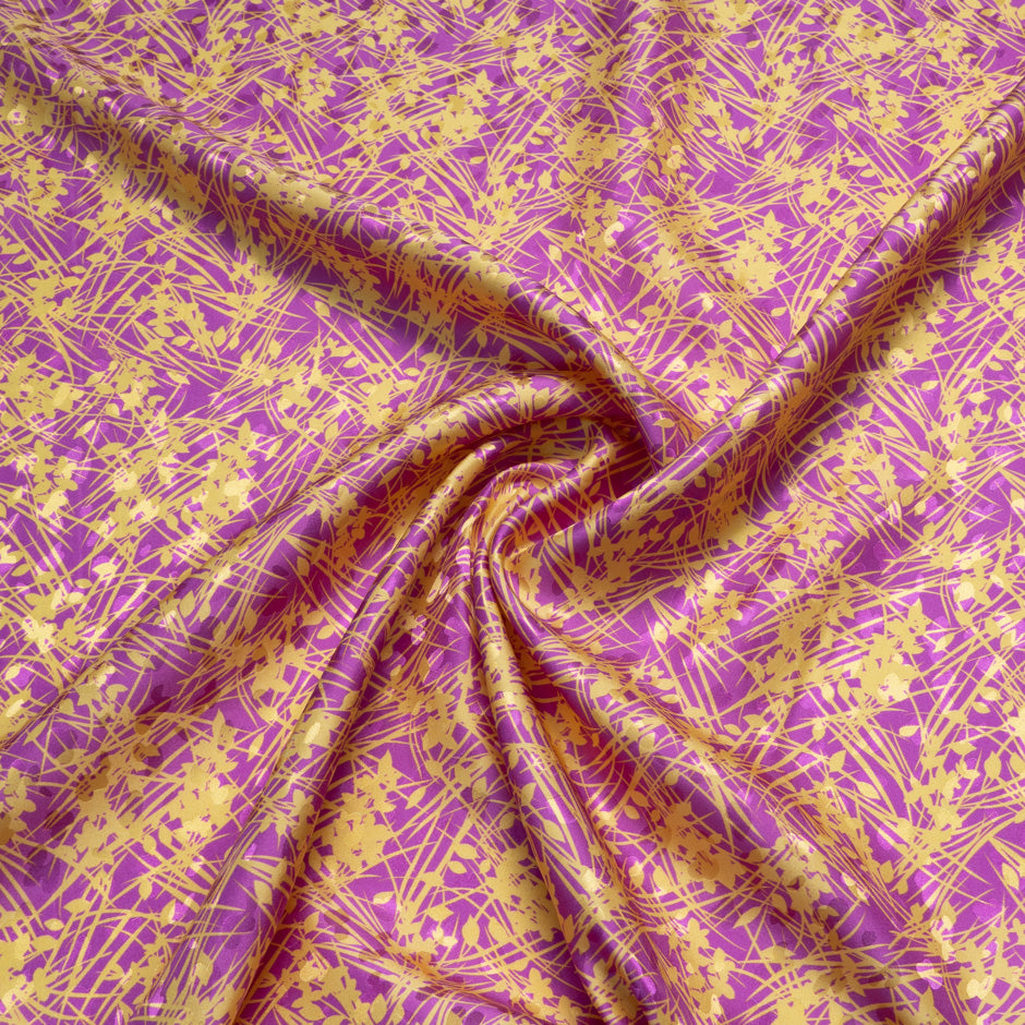 Yellow Leaf Printed Magenta Silk Jacquard