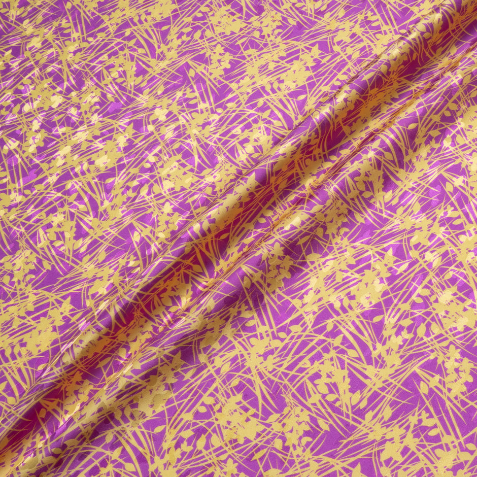 Yellow Leaf Printed Magenta Silk Jacquard
