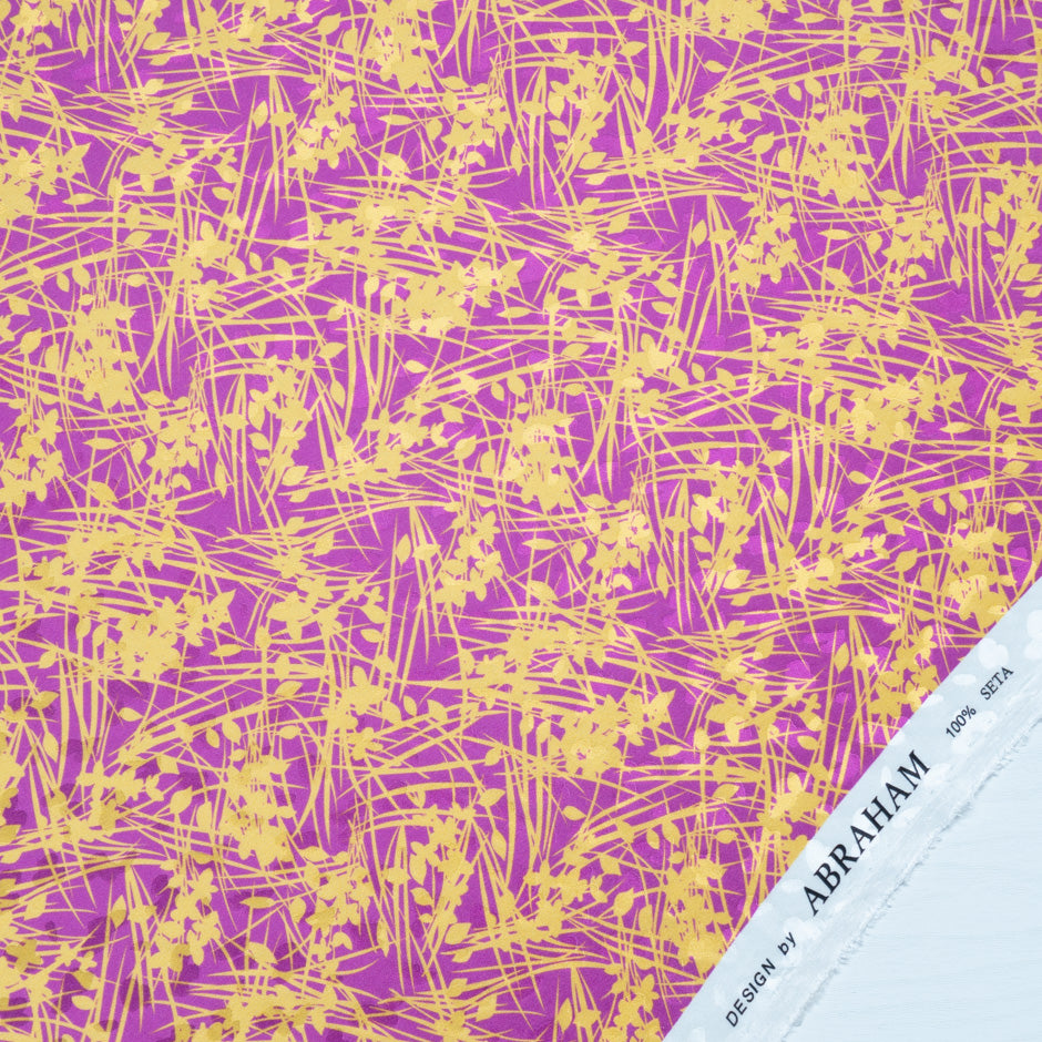 Yellow Leaf Printed Magenta Silk Jacquard