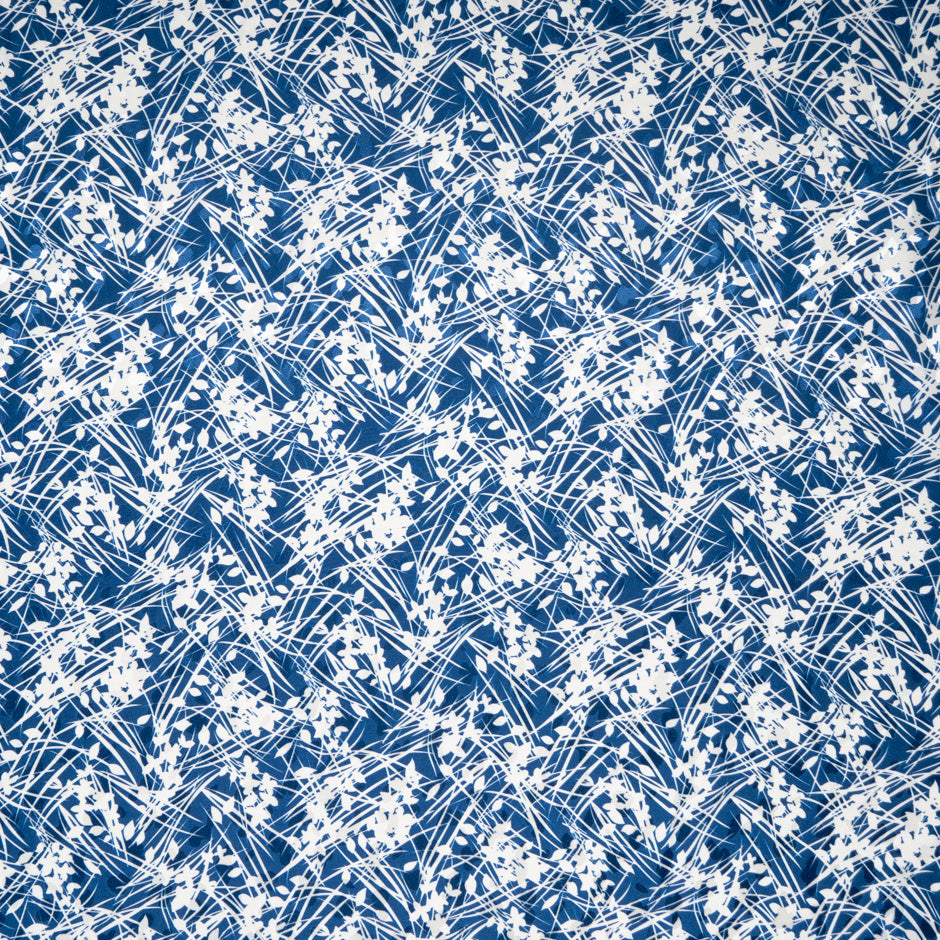 White Leaf Printed Dark Blue Silk Jacquard