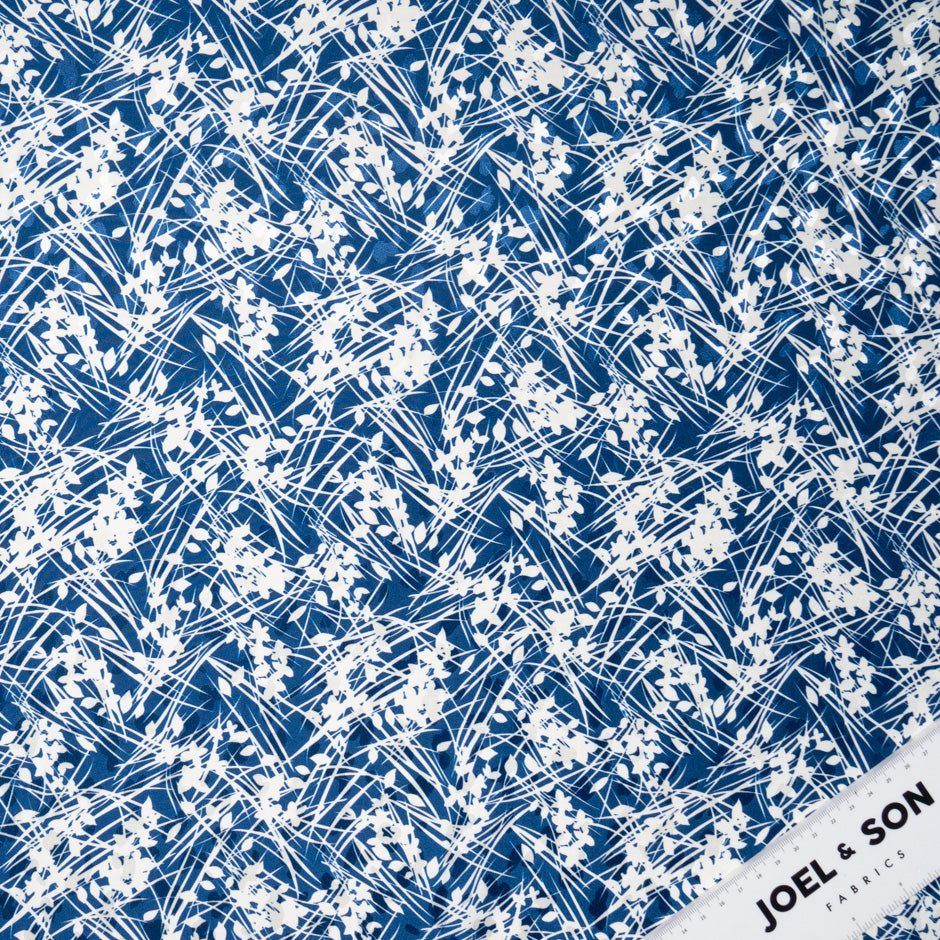 White Leaf Printed Dark Blue Silk Jacquard