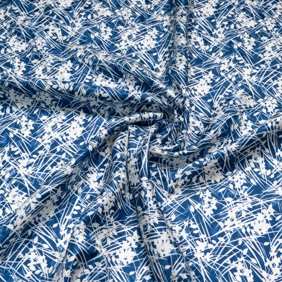 White Leaf Printed Dark Blue Silk Jacquard