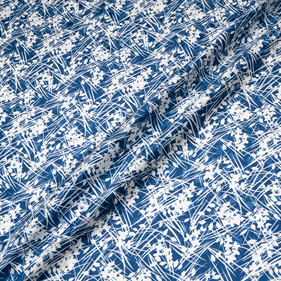 White Leaf Printed Dark Blue Silk Jacquard
