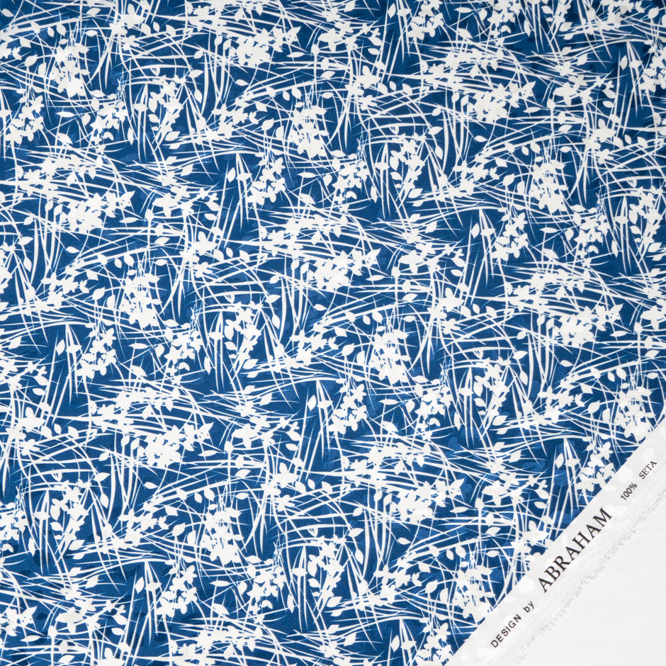 White Leaf Printed Dark Blue Silk Jacquard