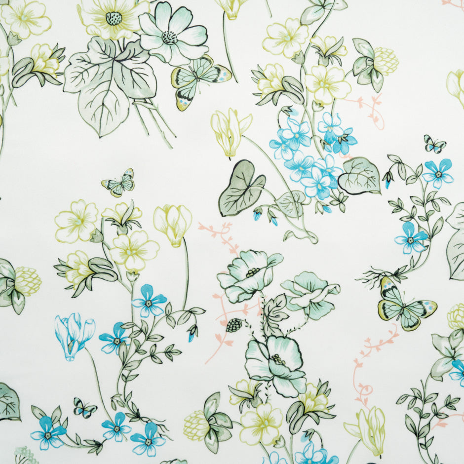 Green Floral & Butterfly Printed Ivory Double Silk Organza