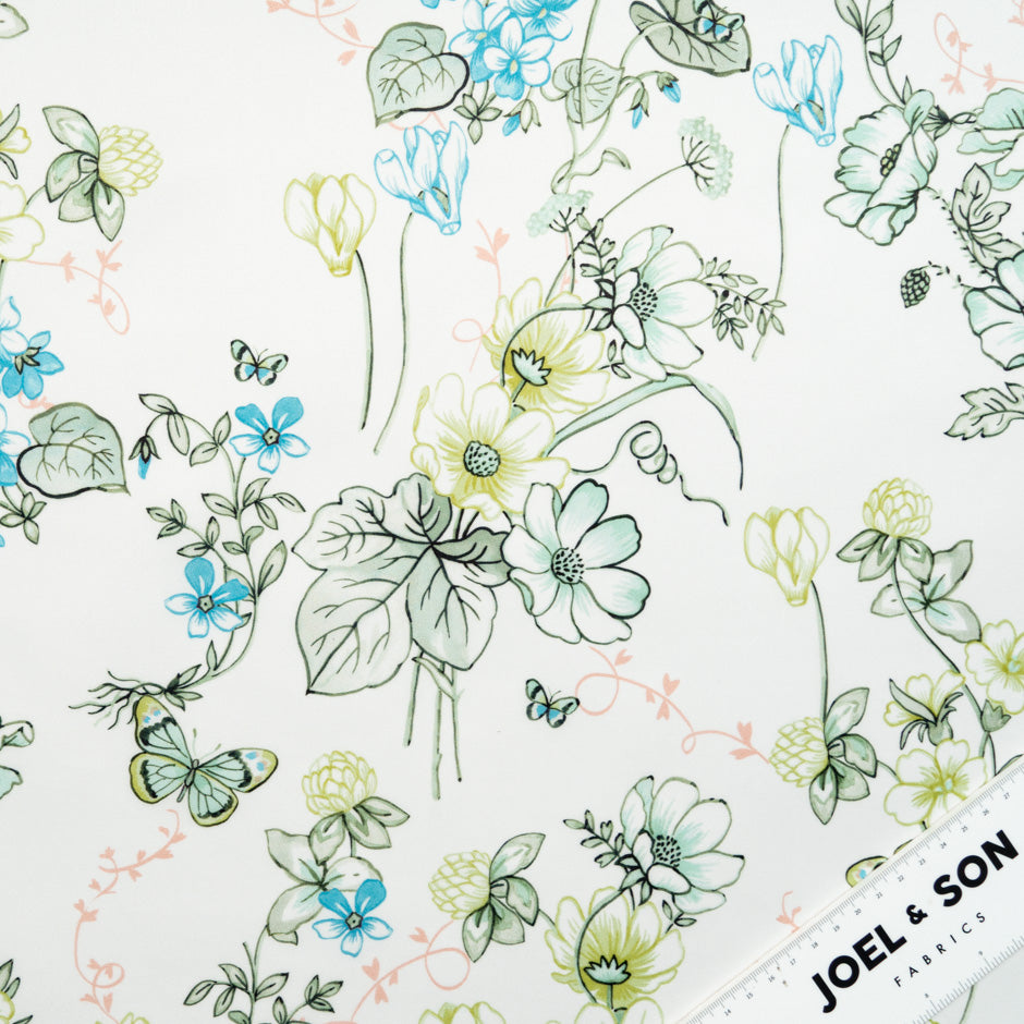 Green Floral & Butterfly Printed Ivory Double Silk Organza