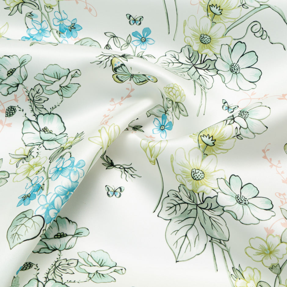 Green Floral & Butterfly Printed Ivory Double Silk Organza