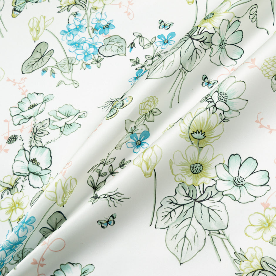 Green Floral & Butterfly Printed Ivory Double Silk Organza