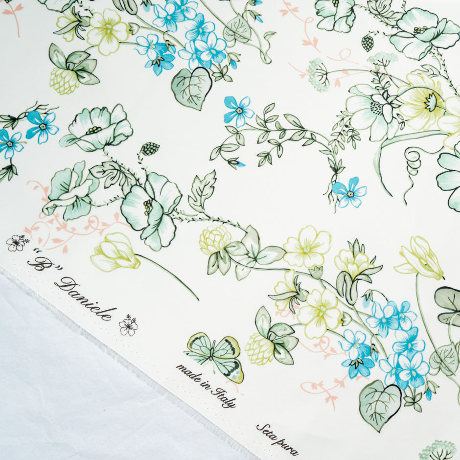 Green Floral & Butterfly Printed Ivory Double Silk Organza