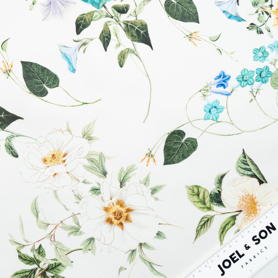 Pretty Turquoise Floral Printed Ivory Double Silk Organza