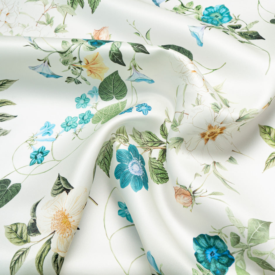 Pretty Turquoise Floral Printed Ivory Double Silk Organza