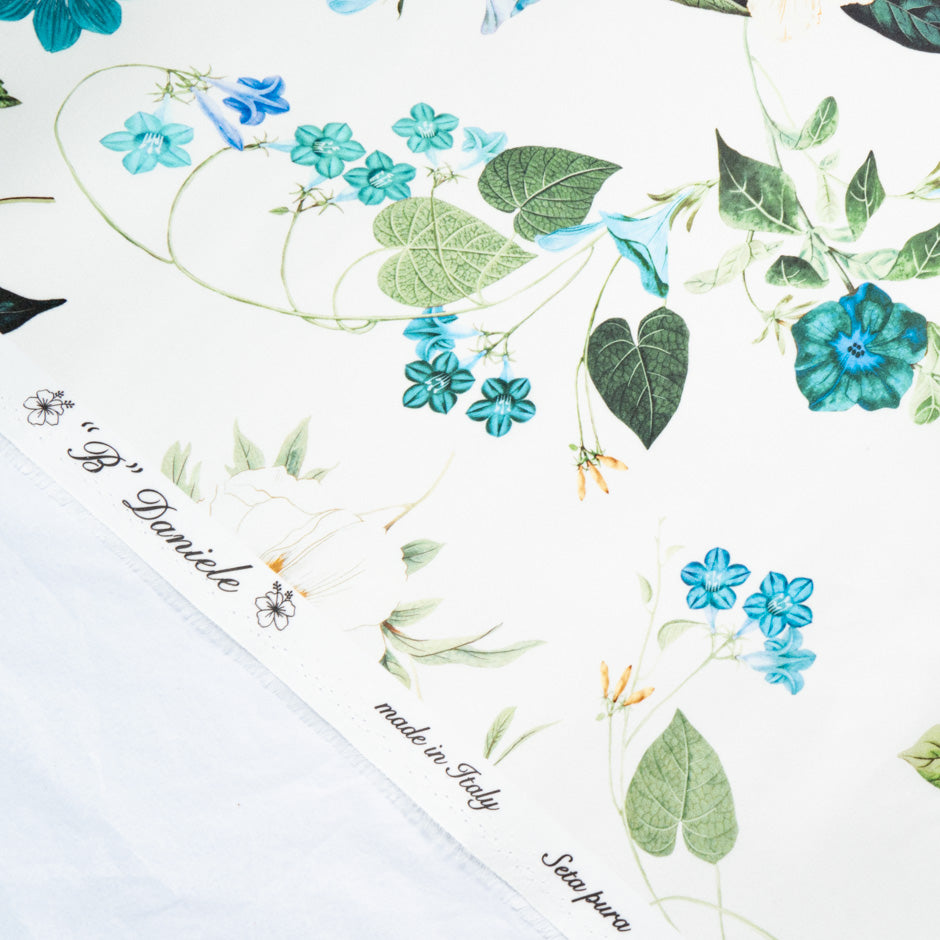 Pretty Turquoise Floral Printed Ivory Double Silk Organza