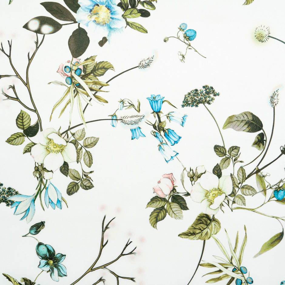 Pink & Blue Floral Printed Ivory Double Silk Organza