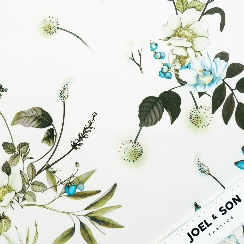 Pink & Blue Floral Printed Ivory Double Silk Organza