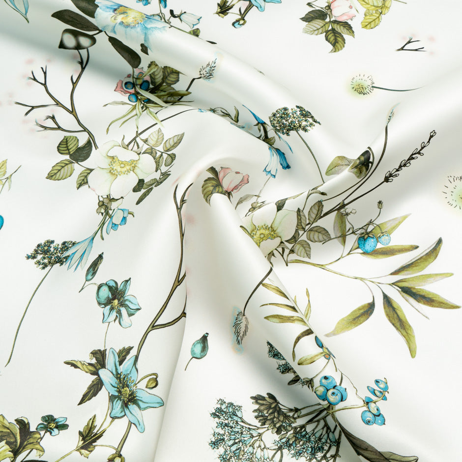 Pink & Blue Floral Printed Ivory Double Silk Organza