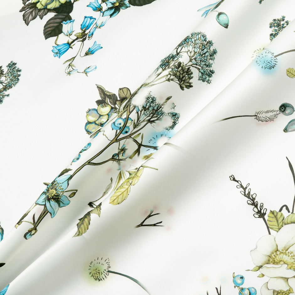 Pink & Blue Floral Printed Ivory Double Silk Organza