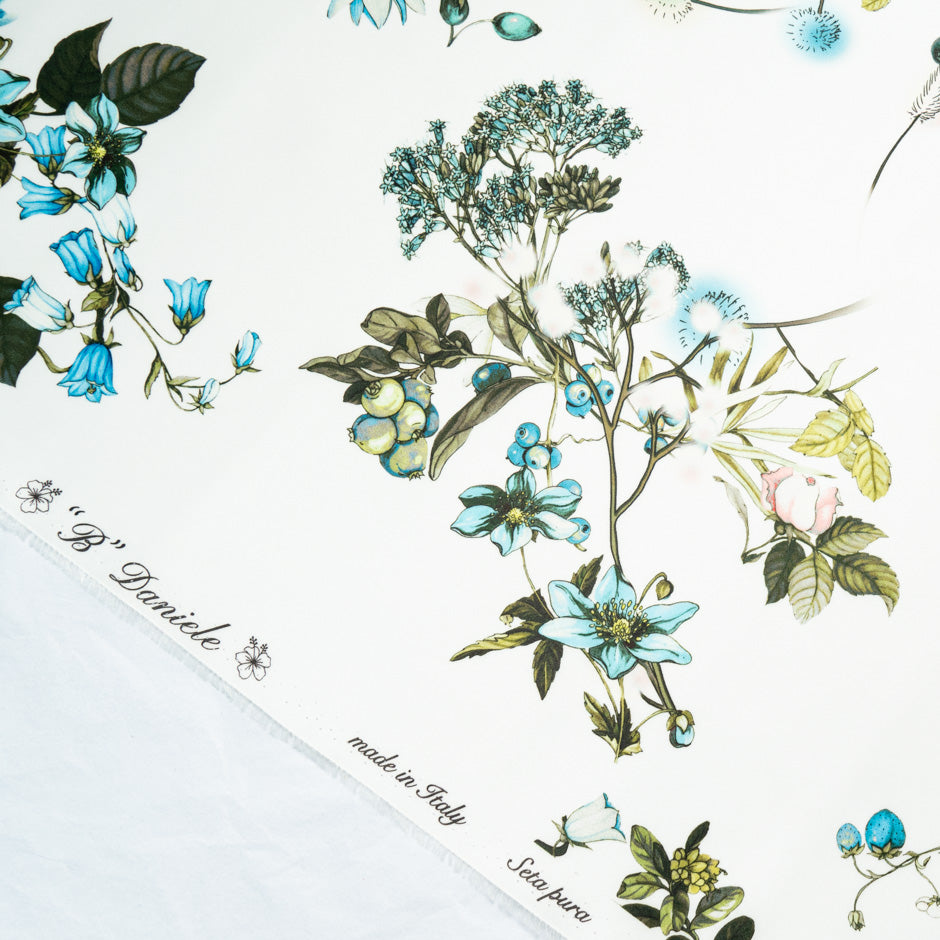 Pink & Blue Floral Printed Ivory Double Silk Organza