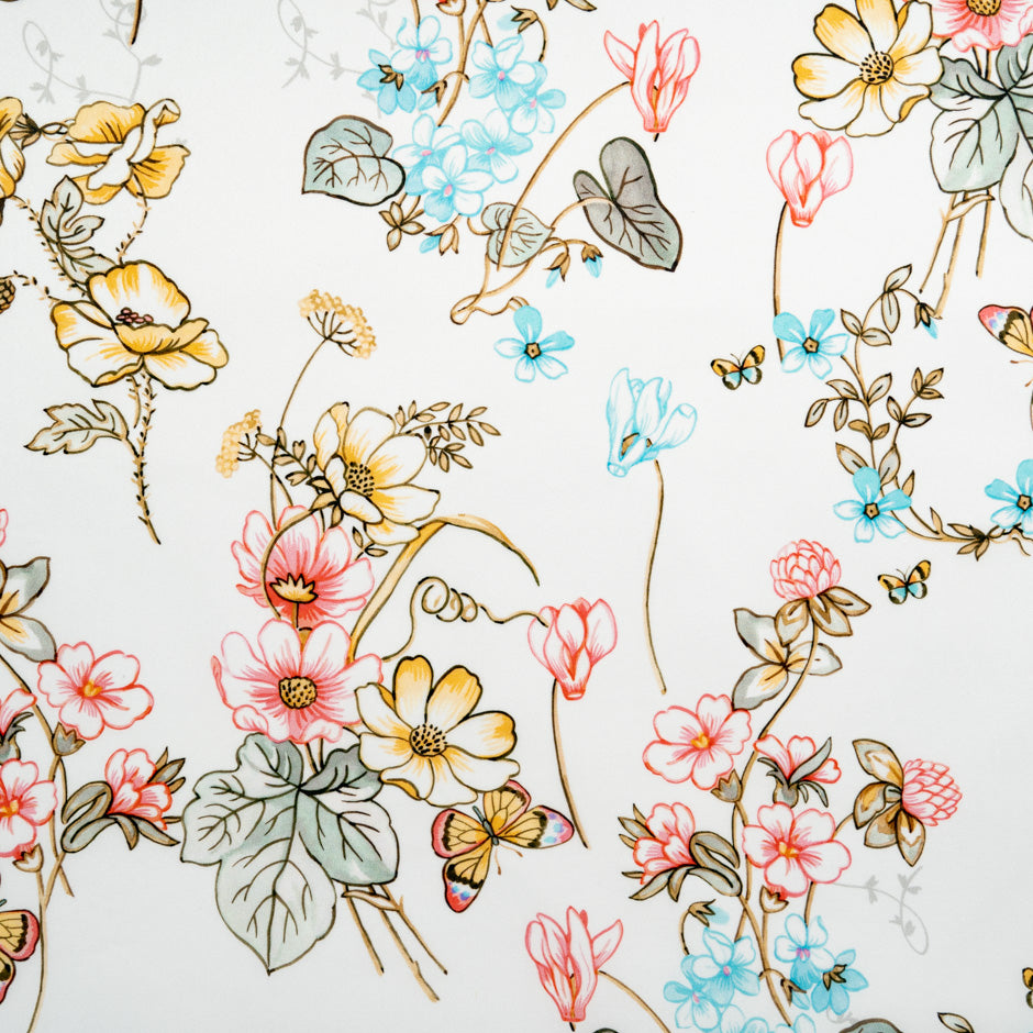 Pink Floral & Butterfly Printed Ivory Double Silk Organza