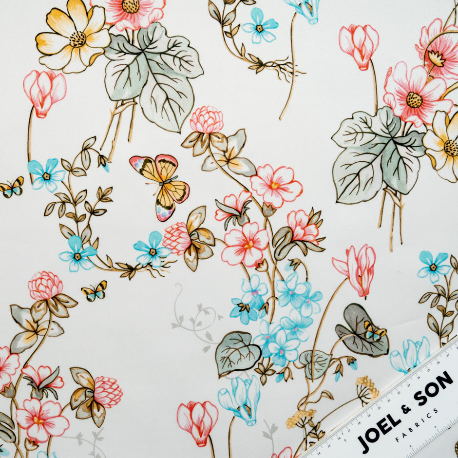 Pink Floral & Butterfly Printed Ivory Double Silk Organza