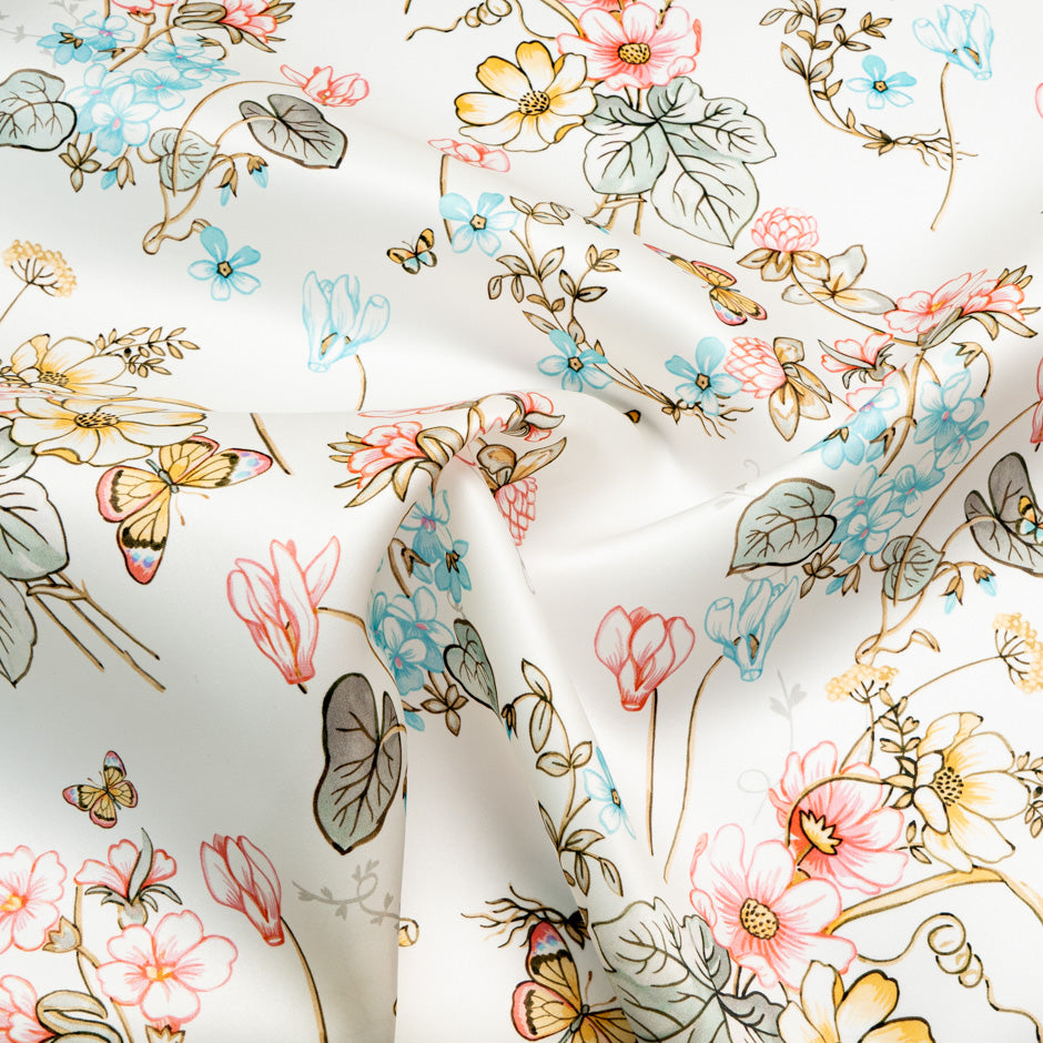 Pink Floral & Butterfly Printed Ivory Double Silk Organza