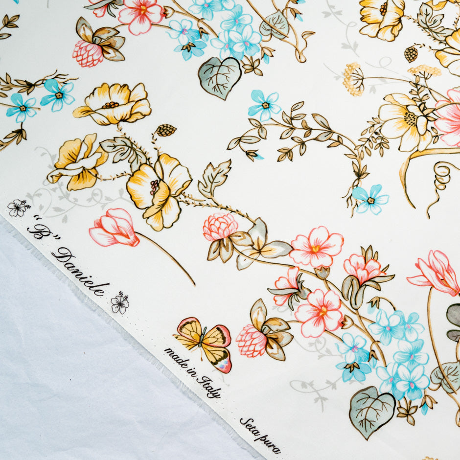 Pink Floral & Butterfly Printed Ivory Double Silk Organza