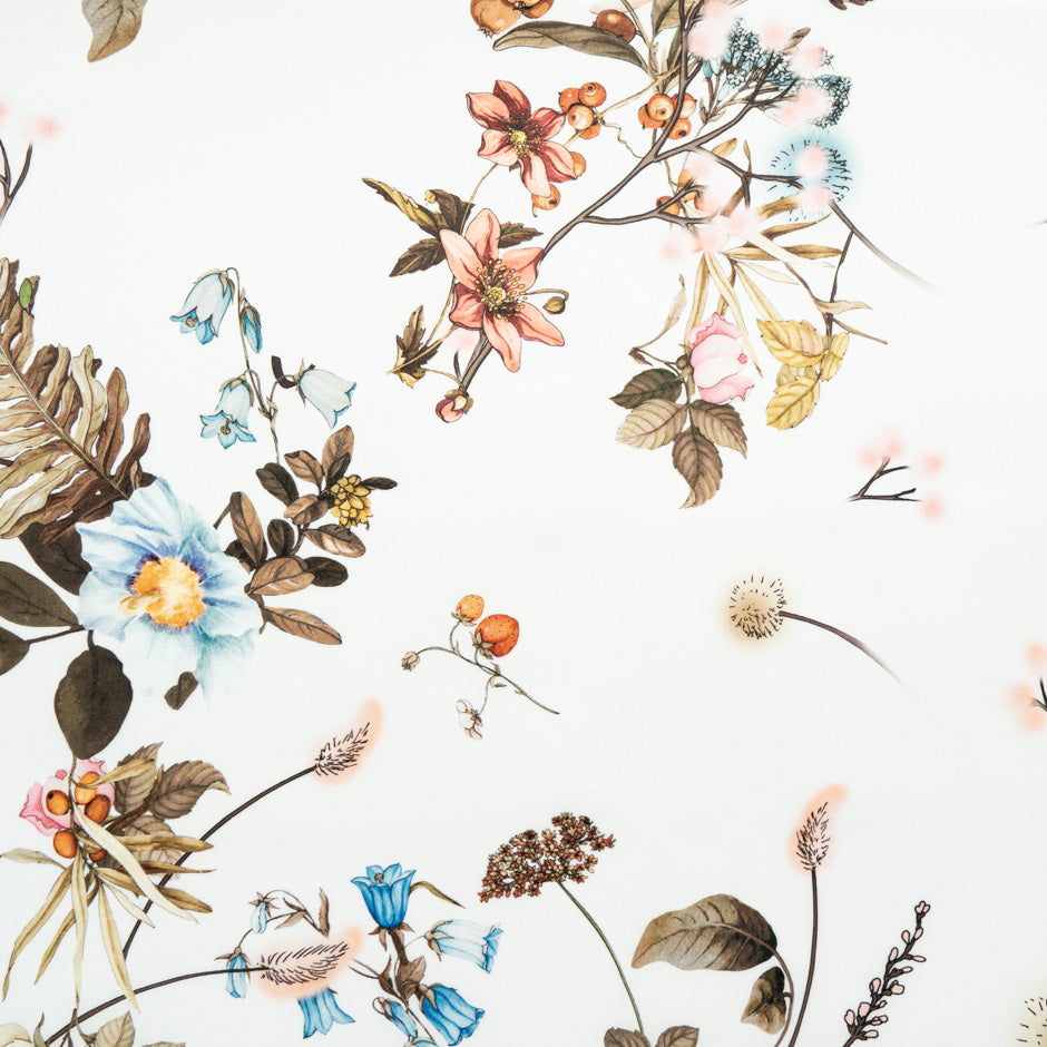 Orange & Blue Floral Printed Ivory Double Silk Organza