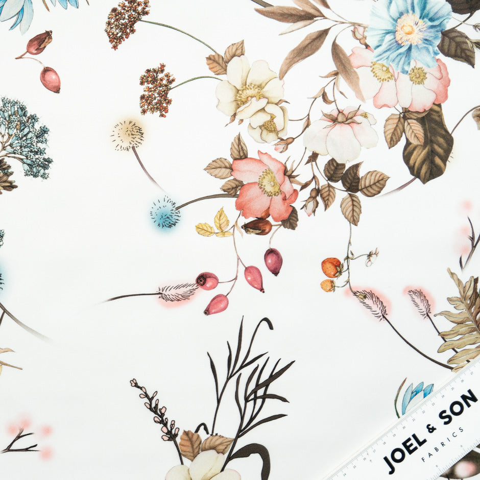 Orange & Blue Floral Printed Ivory Double Silk Organza