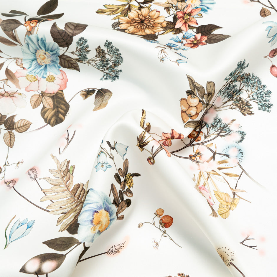 Orange & Blue Floral Printed Ivory Double Silk Organza