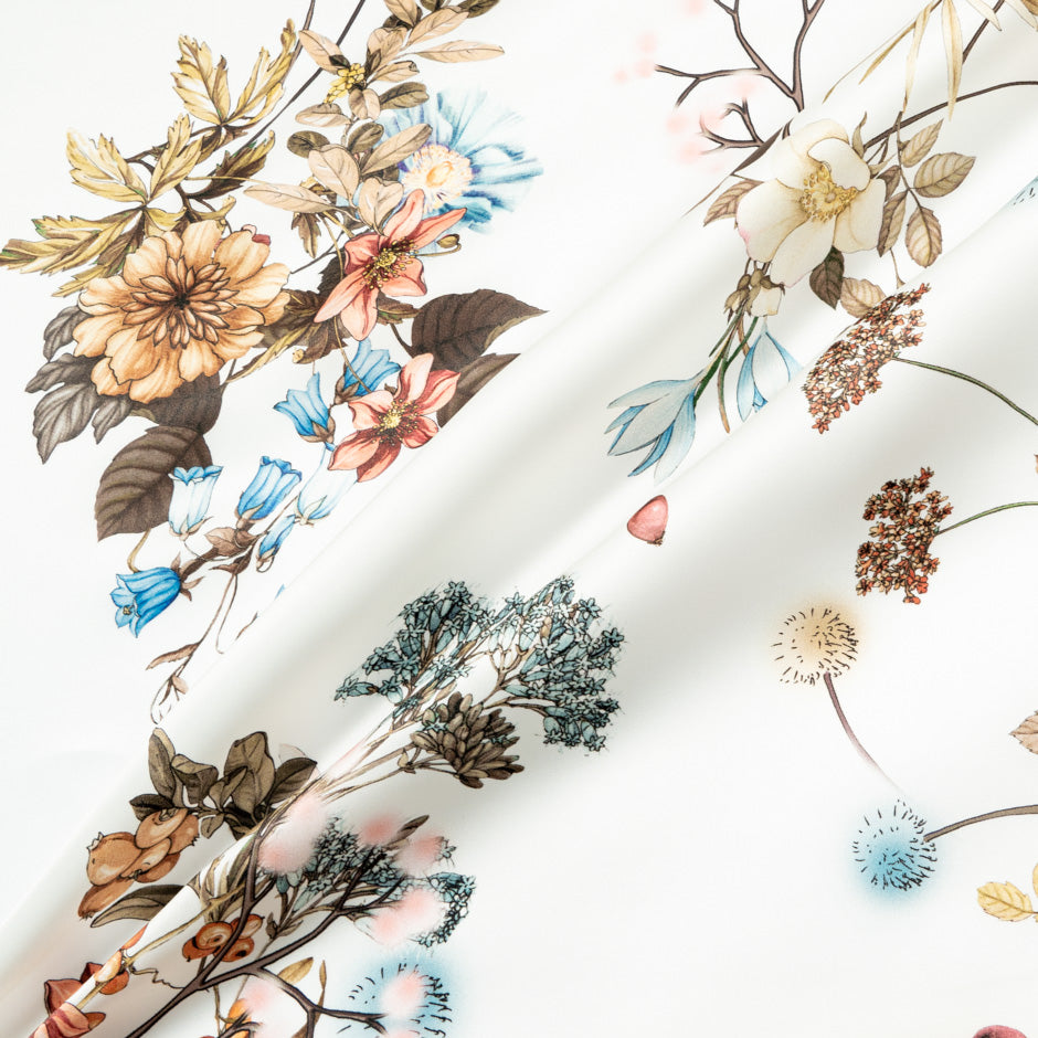 Orange & Blue Floral Printed Ivory Double Silk Organza