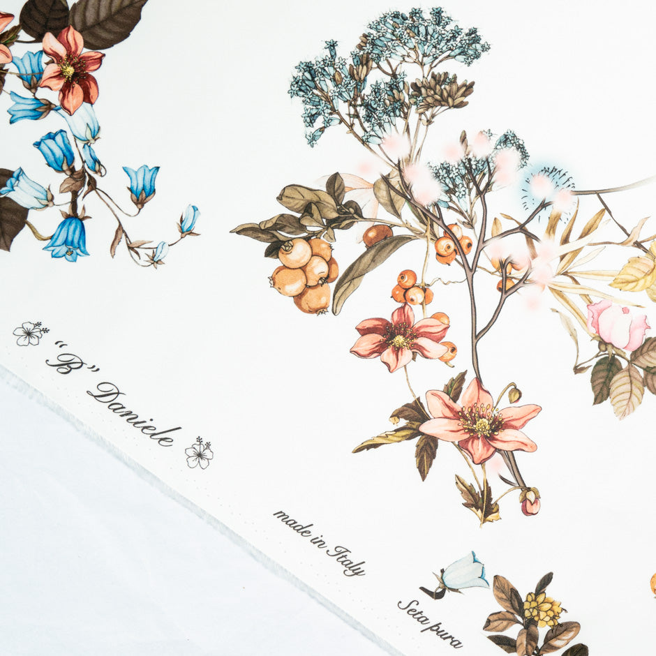 Orange & Blue Floral Printed Ivory Double Silk Organza