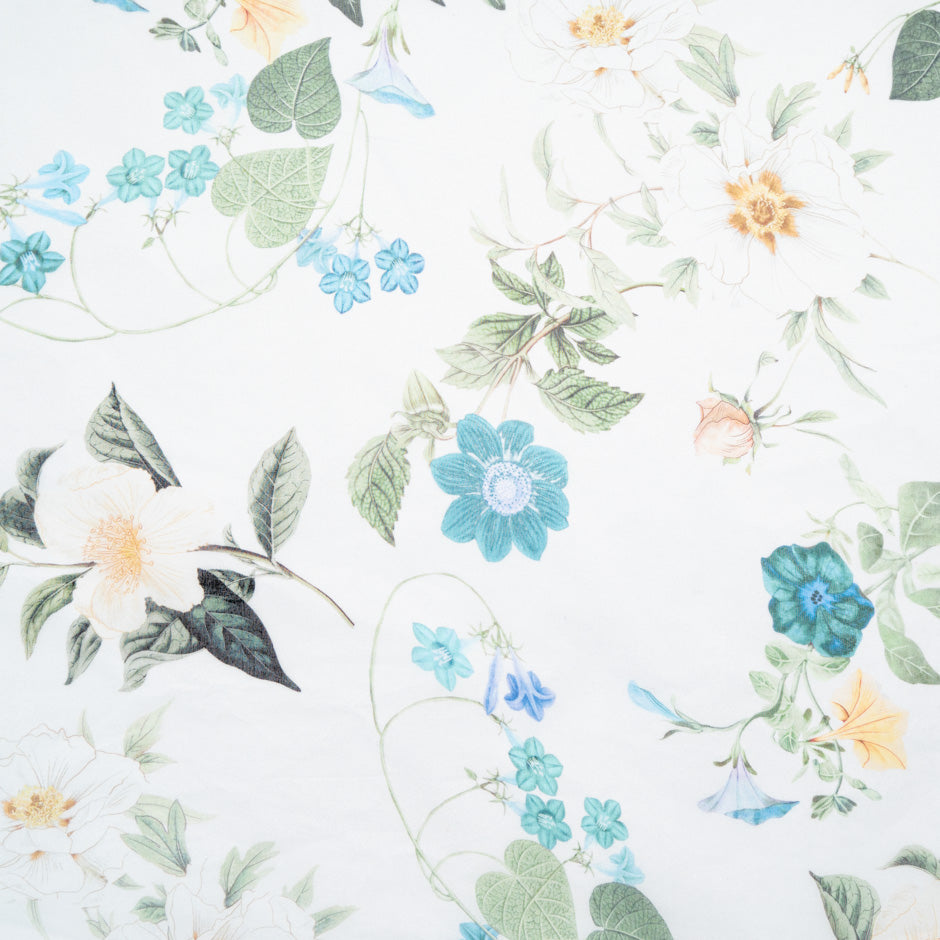 Blue & Green Floral Printed Ivory Silk Satin Organza