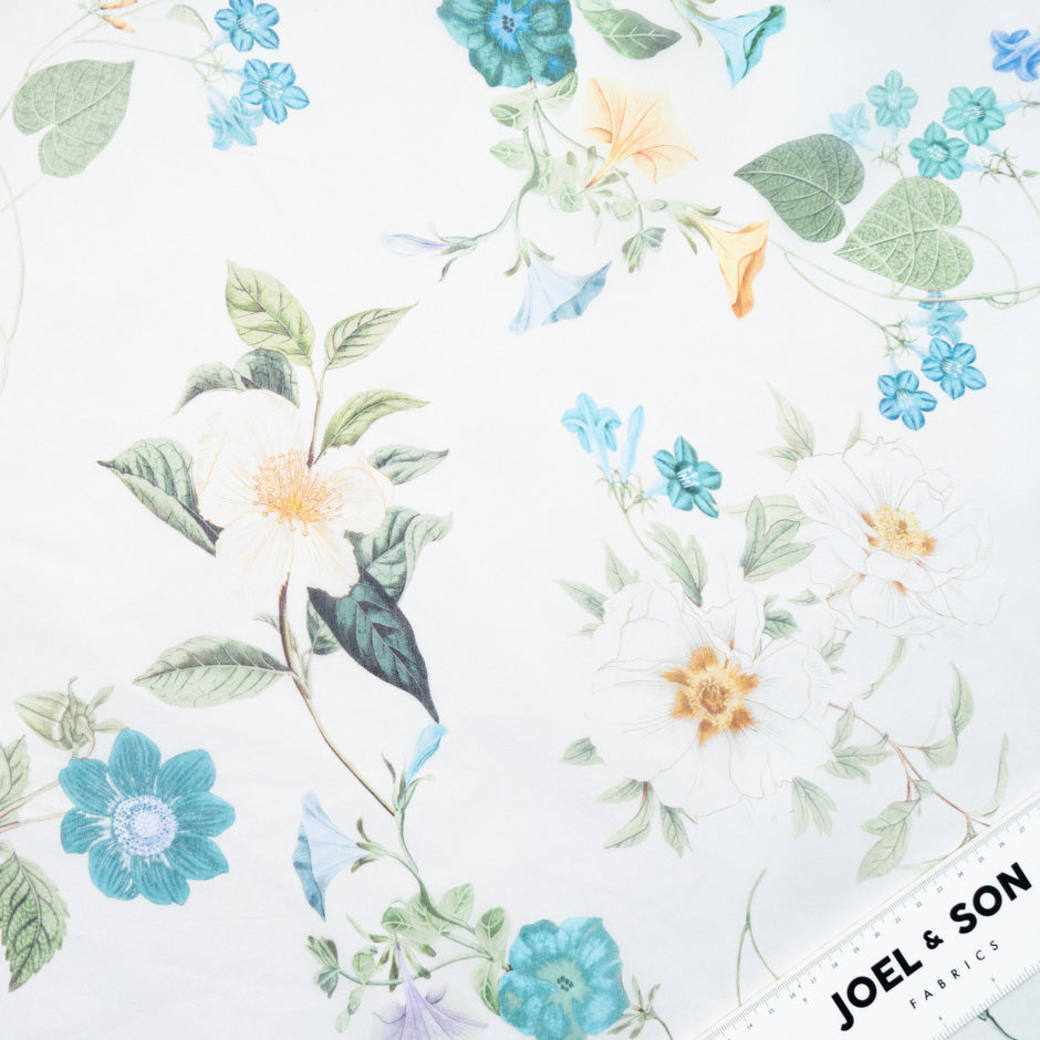 Blue & Green Floral Printed Ivory Silk Satin Organza