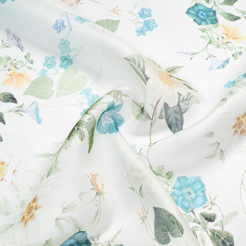 Blue & Green Floral Printed Ivory Silk Satin Organza