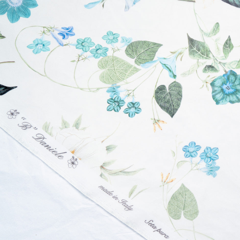 Blue & Green Floral Printed Ivory Silk Satin Organza
