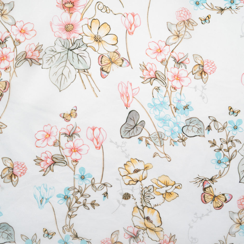 Pink Floral & Butterfly Printed Ivory Silk Satin Organza