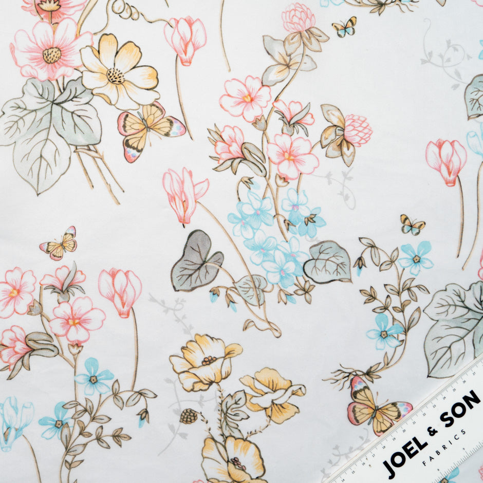 Pink Floral & Butterfly Printed Ivory Silk Satin Organza