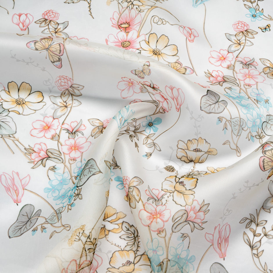Pink Floral & Butterfly Printed Ivory Silk Satin Organza