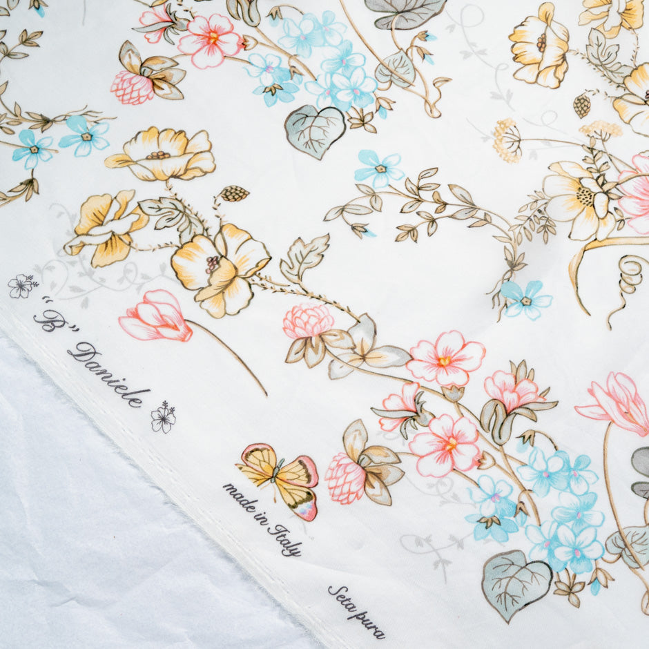 Pink Floral & Butterfly Printed Ivory Silk Satin Organza