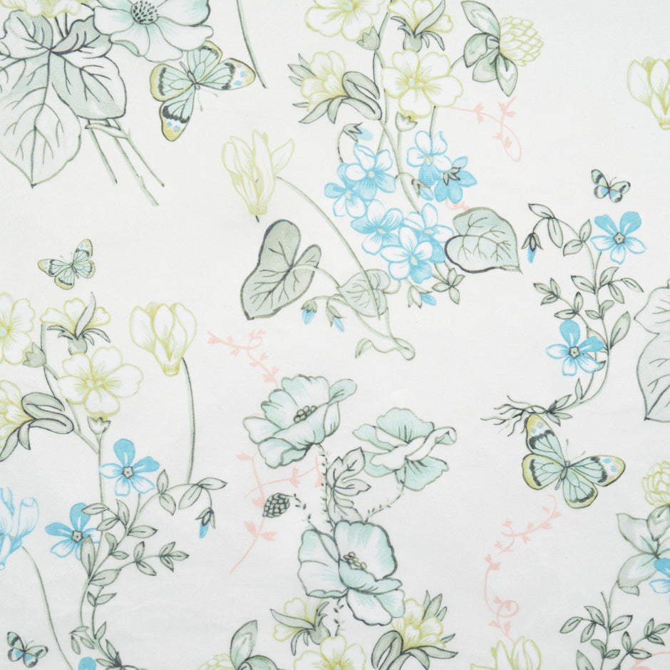 Green Floral & Butterfly Printed Ivory Silk Satin Organza