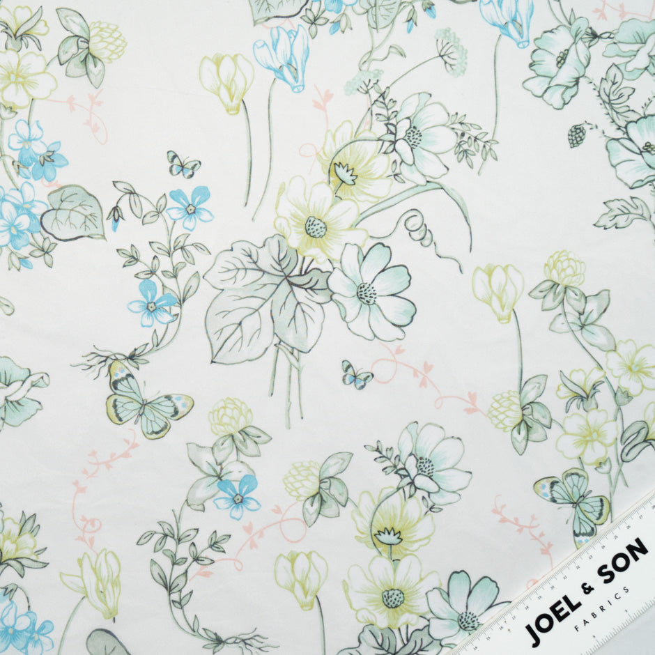 Green Floral & Butterfly Printed Ivory Silk Satin Organza