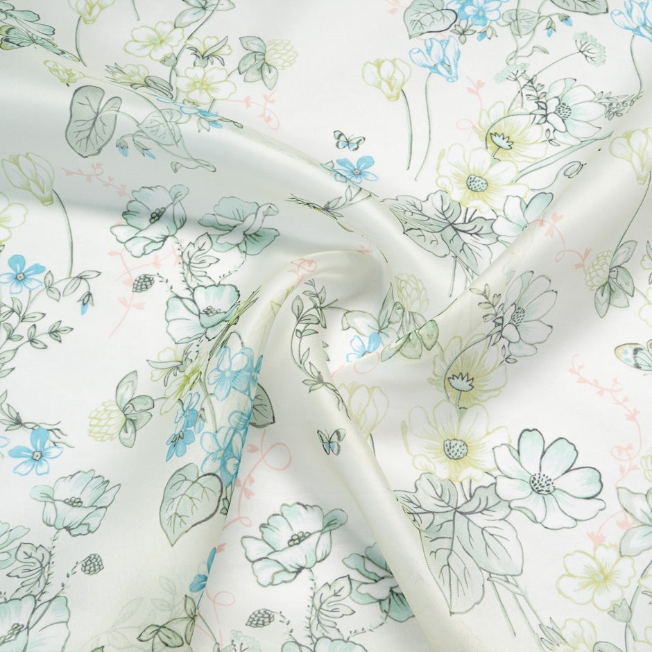 Green Floral & Butterfly Printed Ivory Silk Satin Organza