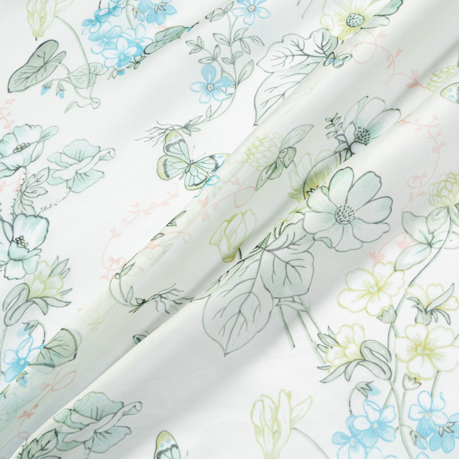 Green Floral & Butterfly Printed Ivory Silk Satin Organza